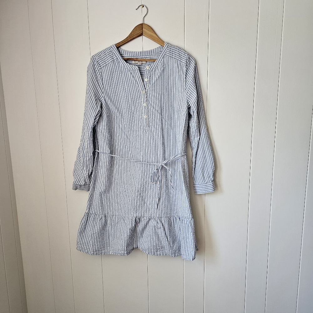 100% COTTON LOFT Blue & White Striped Tab Sleeve Casual Dress